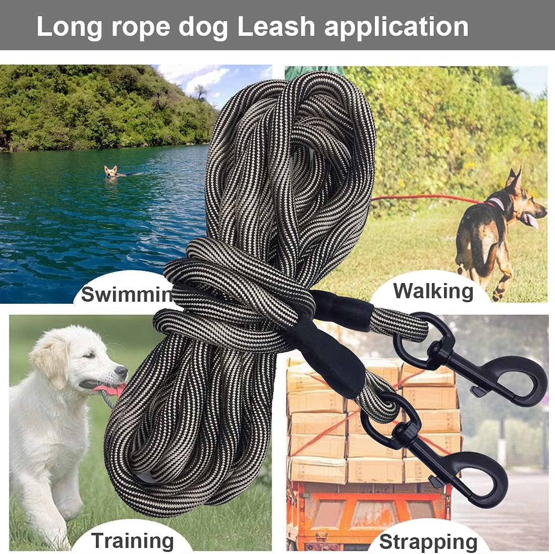 BTINESFUL Tie-Out Check Cord Long Rope Dog Tether, 12Ft 20Ft 30Ft 50Ft Oudoor Dog Lead for Yard - Large Medium Small Dogs Training, Playing, Camping, or Backyard (30Ft, Beige Black)