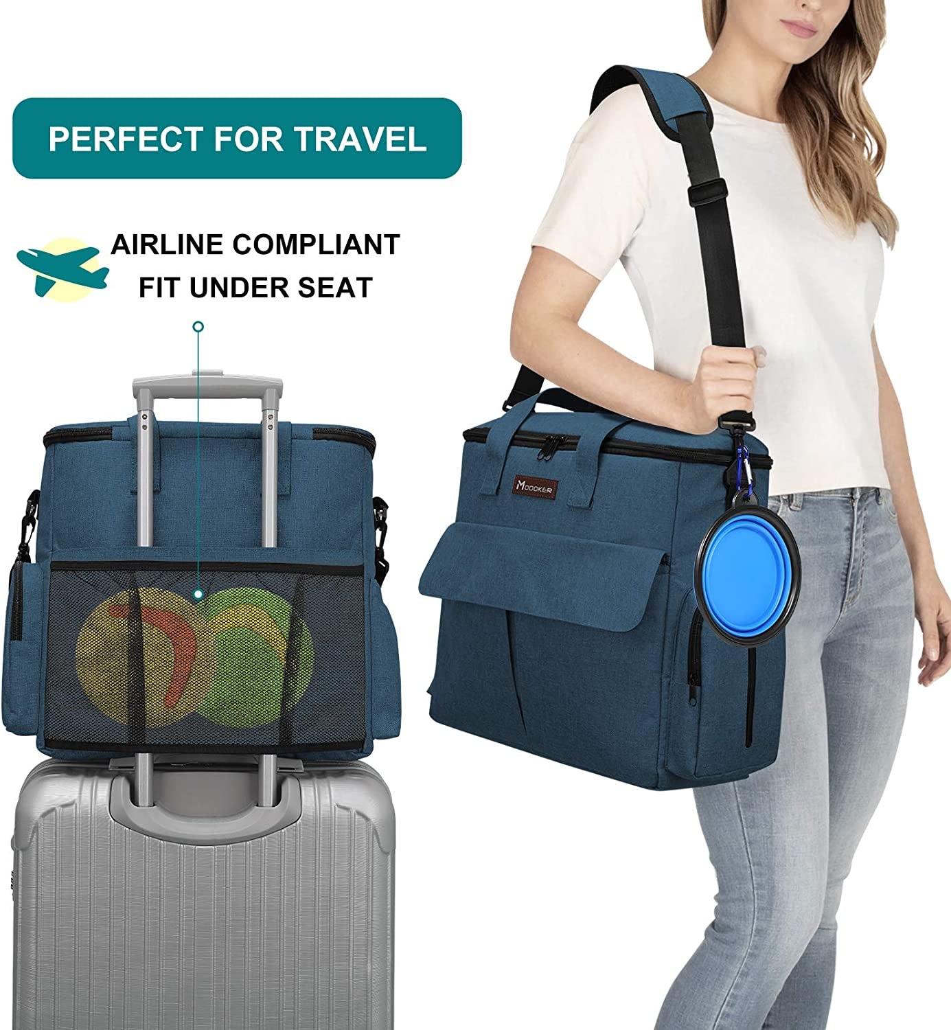 Modoker Dog Travel Bag, Weekend Pet Travel Set for Dog and Cat, Airline Approved Tote Organizer with Multi-Function Pockets, 2 Food Storage Containers, 2 Collapsible Bowls, 1 Feeding Mat (Blue)