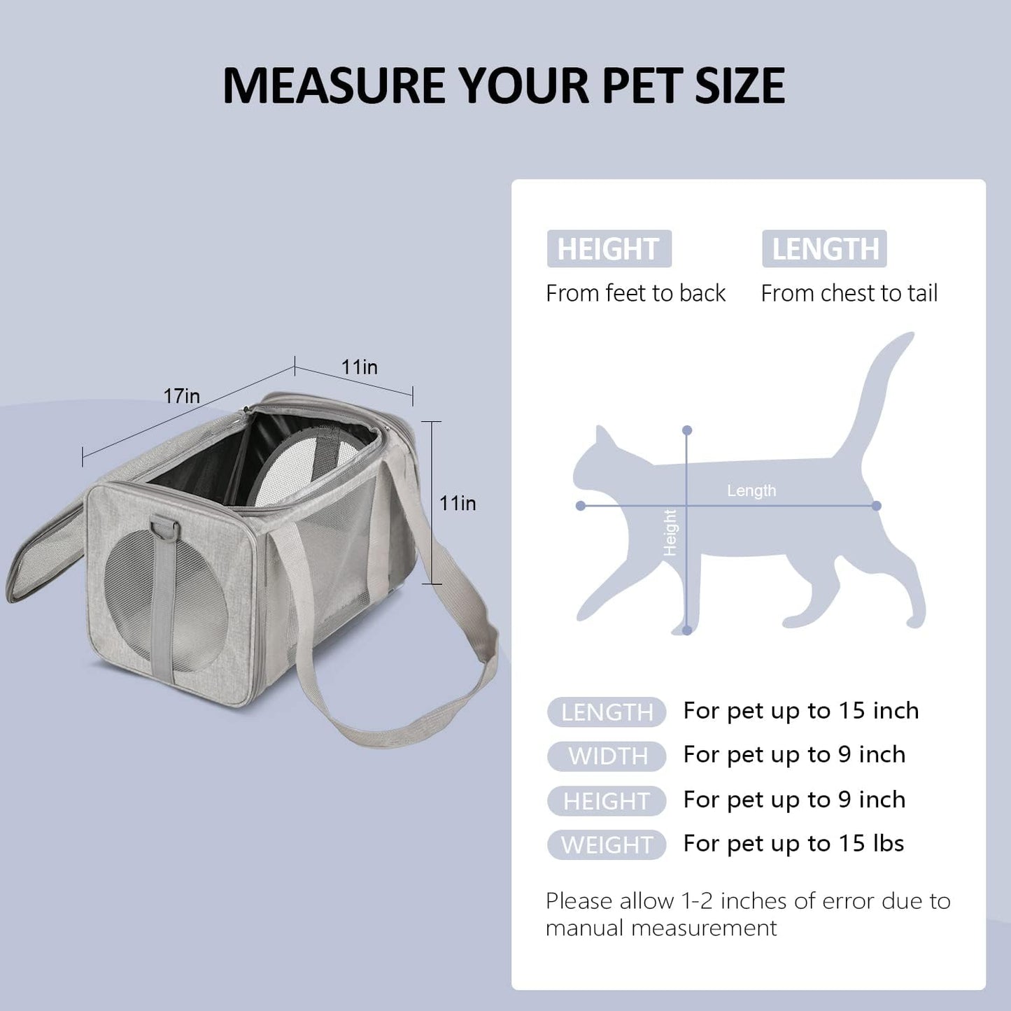 Cat, Dog, Pet Carrier for Small Medium Cats Puppies up to 15 Lbs, TSA Airline Approved Small Dog Carrier Soft Sided, Collapsible Waterproof Travel Puppy Carrier - Grey