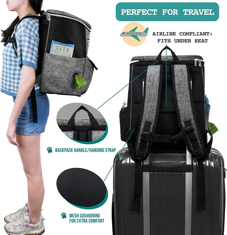 Petami Dog Travel Bag Backpack, Airline Approved Dog Bags for Traveling, Puppy Diaper Bag Supplies, Pet Camping Essentials Hiking Accessories Dog Mom Gift, Food Container, Collapsible Bowls, Gray