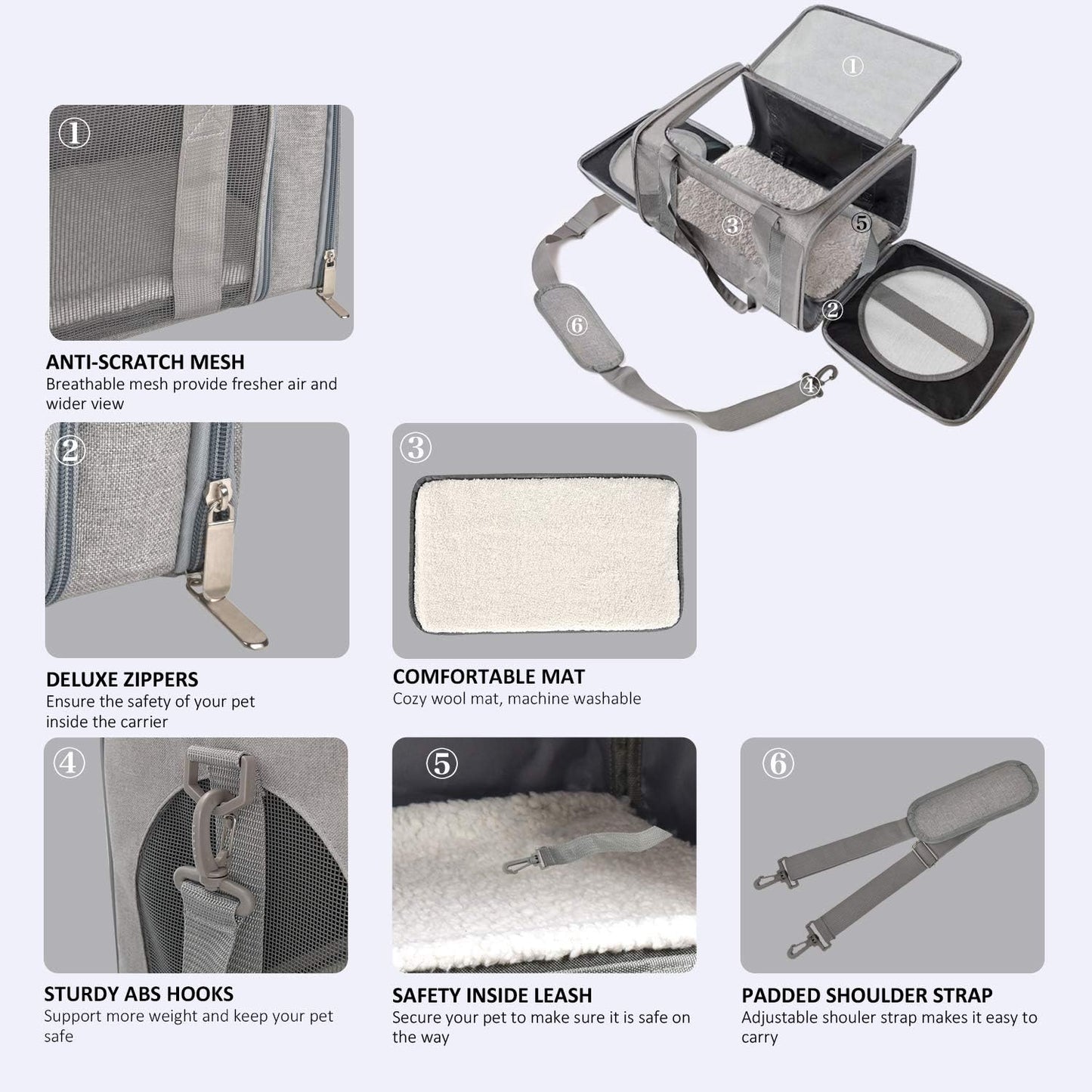 Cat, Dog, Pet Carrier for Small Medium Cats Puppies up to 15 Lbs, TSA Airline Approved Small Dog Carrier Soft Sided, Collapsible Waterproof Travel Puppy Carrier - Grey