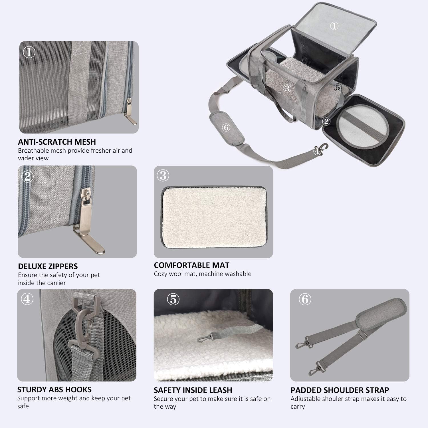 Cat, Dog, Pet Carrier for Small Medium Cats Puppies up to 15 Lbs, TSA Airline Approved Small Dog Carrier Soft Sided, Collapsible Waterproof Travel Puppy Carrier - Grey