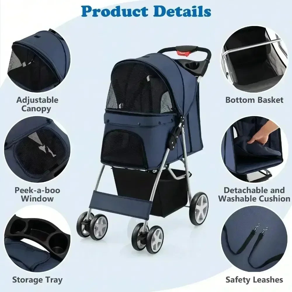 Folding Pet Stroller 4-Wheel Pet Travel Carrier W/Storage Basket Navy