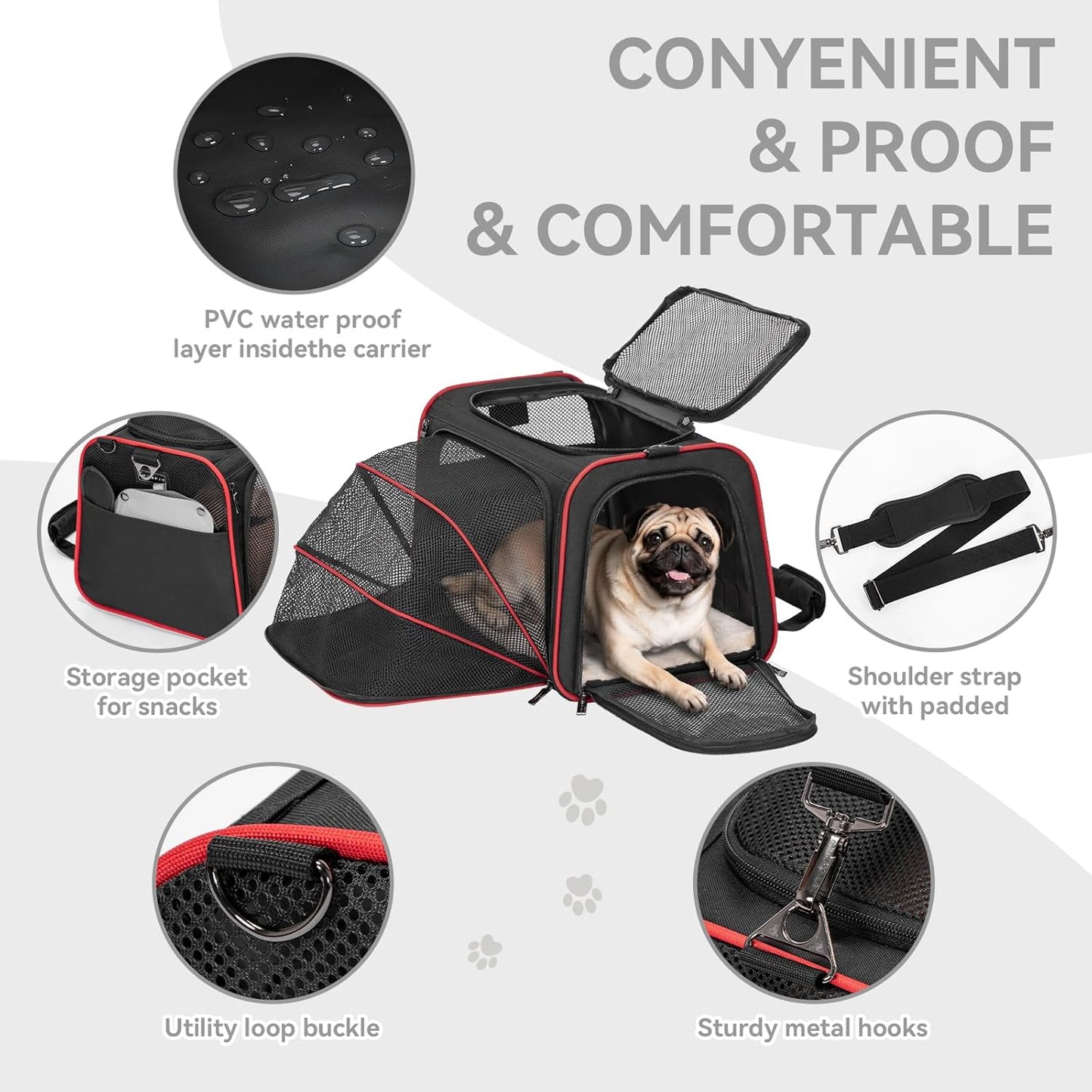 Petsfit Expandable Dog Carrier Large Cat Carrier, Soft-Sided Portable Collapsible Pet Travel Carrier for Kittens, Puppies or Small Animals, 19 X12X12 Inches, Black