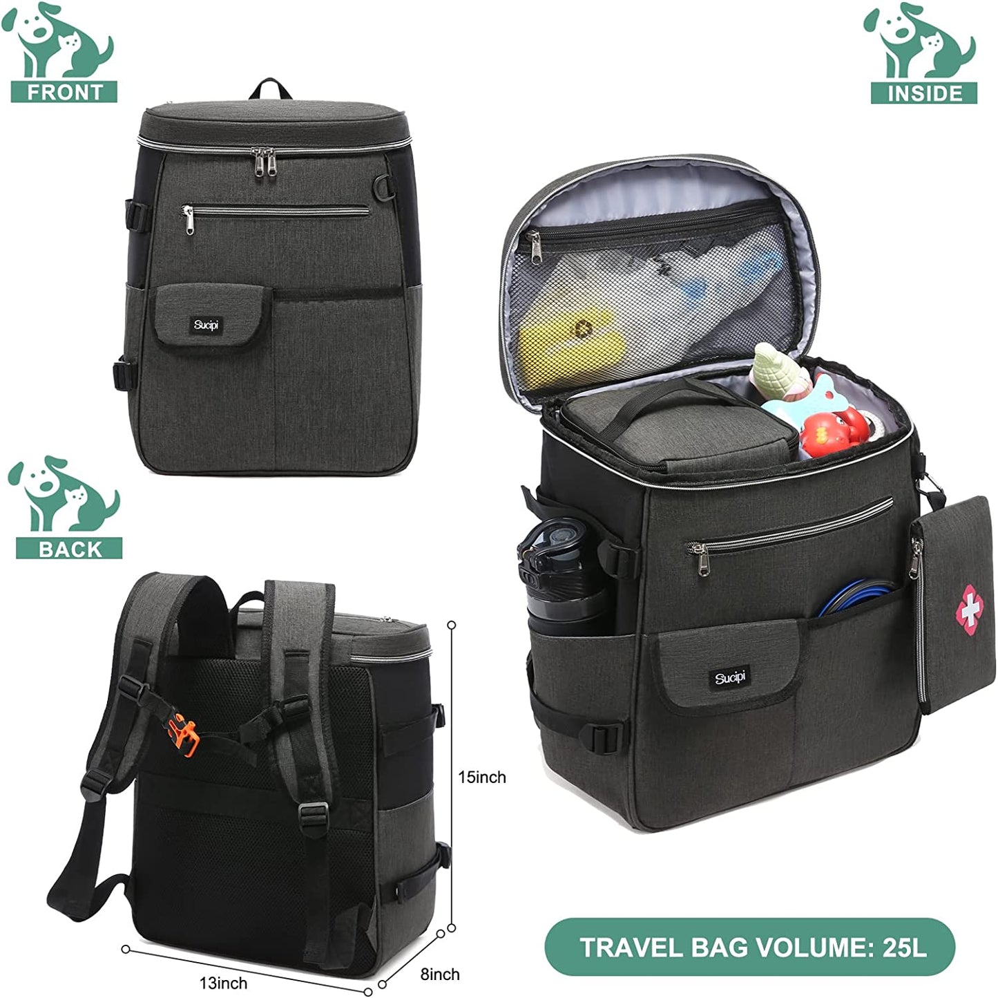Dog Travel Bag for Supplies Sucipi 7 PC Set Dog Travel Backpack Airline Approved Tote Organizer with Pet First Aid Pouch, Large Weekend Dog Travel Bag&Travel Accessories for Traveling Hiking Camping