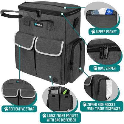 Dog Travel Bag Pet Supplies Accessories Organizer for Traveling, Camping, Weekend; Cat Pet Travel Bag Kit Includes 2 Food Storage Containers, 2 Collapsible Bowls, 1 Feeding Mat (Dark Gray)