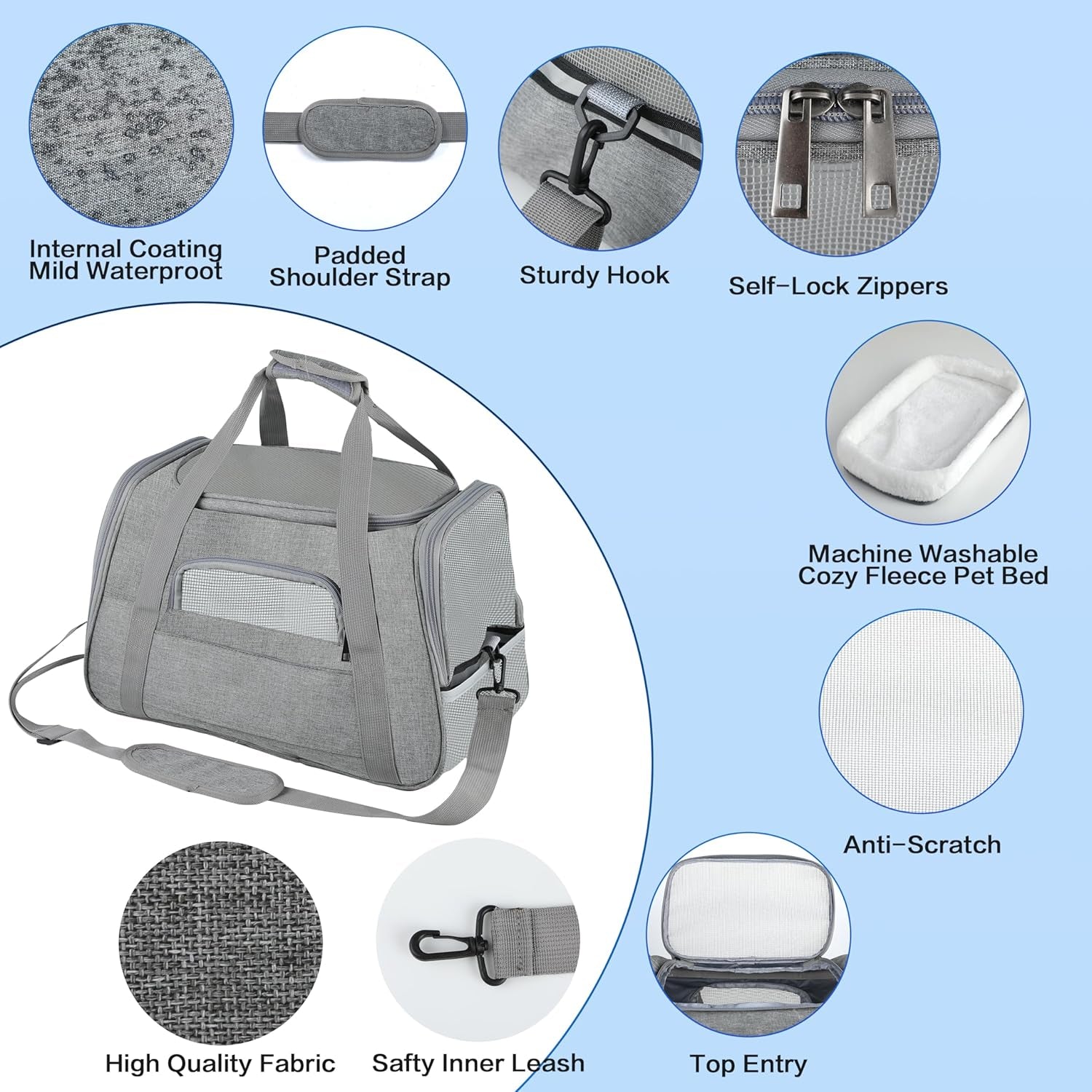 Fluffydream Pet Travel Carrier Soft Sided Portable Bag for Cats, Small Dogs, Kittens or Puppies, Collapsible, Durable, Airline Approved, Travel Friendly (Grey, 17.0" L X 10.0" W X 11.0" H) (Grey)