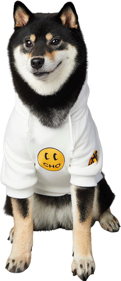 Chochocho Smiley Dog Hoodie Stylish Dog Clothes Smiley Face Sweater Cotton Sweatshirt Fashion Outfit for Dogs Cats Puppy Small Medium Large (L, White)