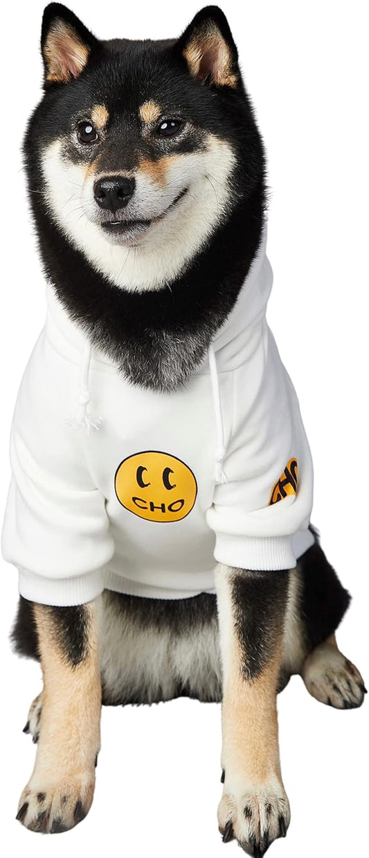 Chochocho Smiley Dog Hoodie Stylish Dog Clothes Smiley Face Sweater Cotton Sweatshirt Fashion Outfit for Dogs Cats Puppy Small Medium Large (L, White)