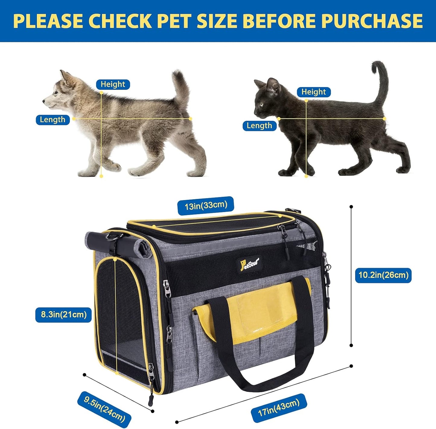 Pet Carrier Cat for Small Dogs, Dog Carrier, Kennel, Airline Approved Travel Soft- Sided Cats Portable Foldable Bag, Yellow Gray