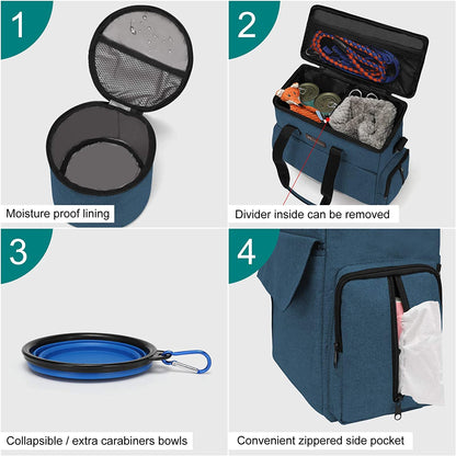 Modoker Dog Travel Bag, Weekend Pet Travel Set for Dog and Cat, Airline Approved Tote Organizer with Multi-Function Pockets, 2 Food Storage Containers, 2 Collapsible Bowls, 1 Feeding Mat (Blue)