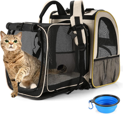 Farexon Cat Backpack Carrier, Expandable Pet Carrier Backpack for Small Cats Dogs, Dog Carrier Backpack with Breathable Mesh for Travel Hiking Camping, Hold Pets under 18 Lbs, Khaki