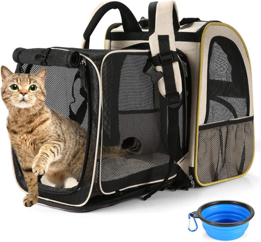 Farexon Cat Backpack Carrier, Expandable Pet Carrier Backpack for Small Cats Dogs, Dog Carrier Backpack with Breathable Mesh for Travel Hiking Camping, Hold Pets under 18 Lbs, Khaki