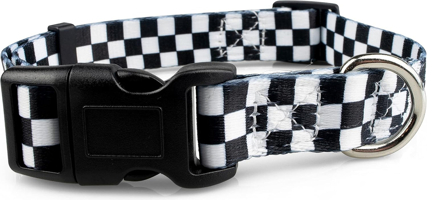 Checkered Pattern Dog Collar in Black & White - Adjustable Dog Collar for Boy and Girl Dogs with Quick Release Buckle by Limeloot, Small