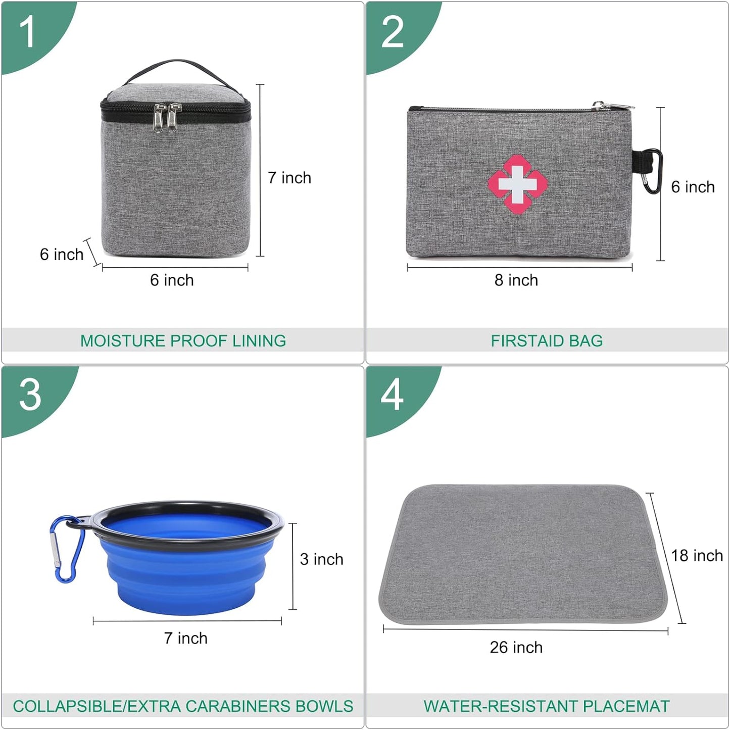 Dog Travel Bag for Supplies Sucipi 7 PC Set Dog Travel Backpack Airline Approved Tote Organizer with Pet First Aid Pouch, Large Weekend Dog Travel Bag&Travel Accessories for Traveling Hiking Camping