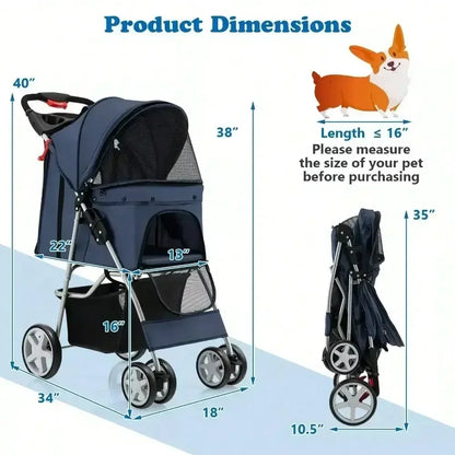 Folding Pet Stroller 4-Wheel Pet Travel Carrier W/Storage Basket Navy
