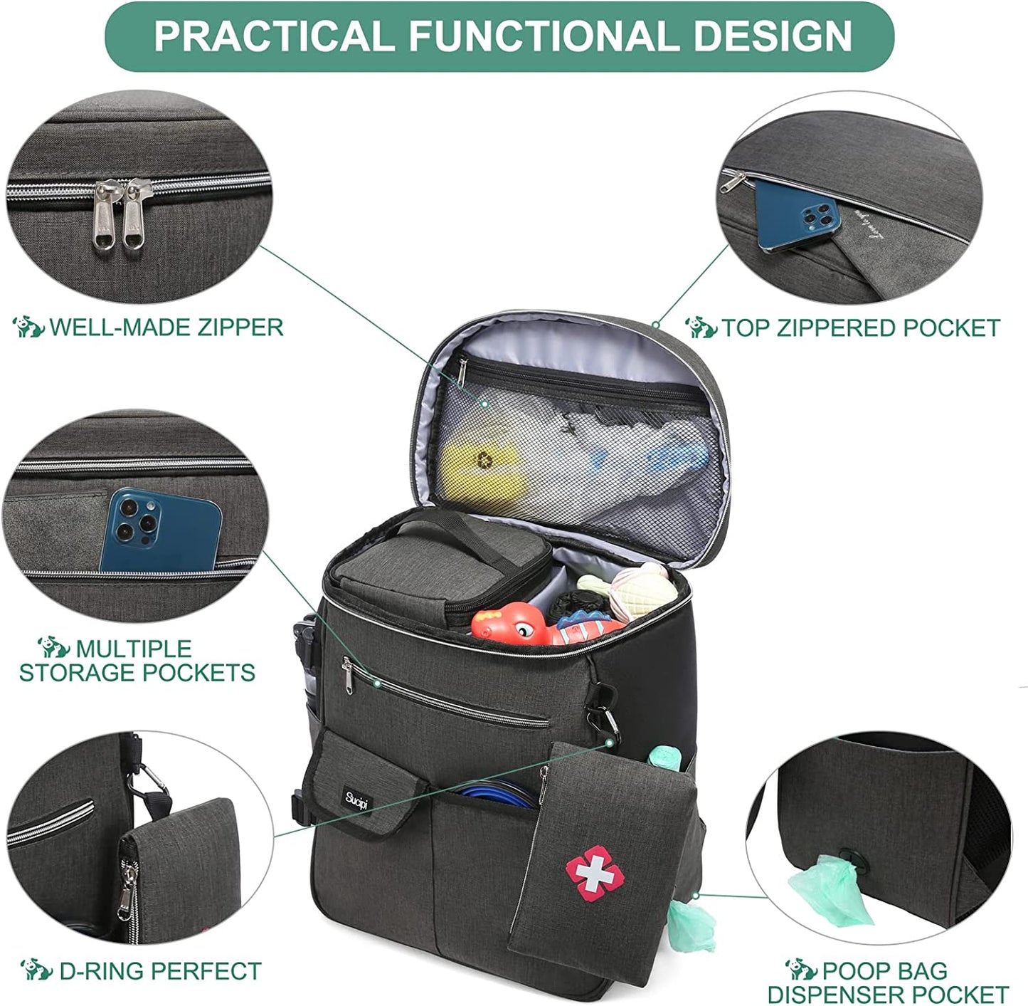 Dog Travel Bag for Supplies Sucipi 7 PC Set Dog Travel Backpack Airline Approved Tote Organizer with Pet First Aid Pouch, Large Weekend Dog Travel Bag&Travel Accessories for Traveling Hiking Camping