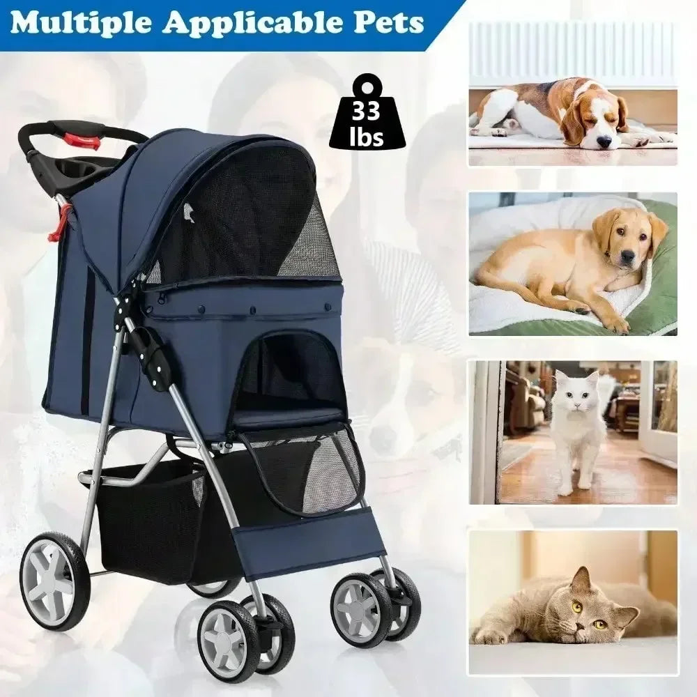 Folding Pet Stroller 4-Wheel Pet Travel Carrier W/Storage Basket Navy