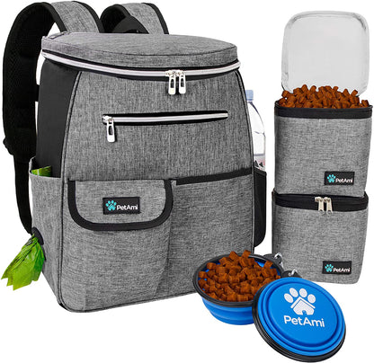 Petami Dog Travel Bag Backpack, Airline Approved Dog Bags for Traveling, Puppy Diaper Bag Supplies, Pet Camping Essentials Hiking Accessories Dog Mom Gift, Food Container, Collapsible Bowls, Gray