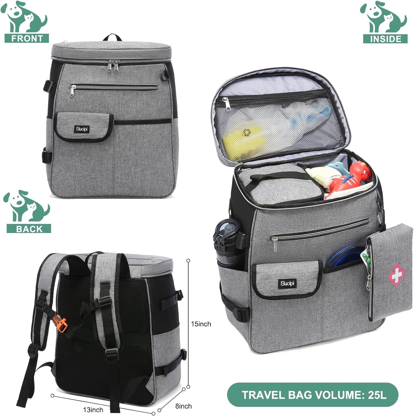 Dog Travel Bag for Supplies Sucipi 7 PC Set Dog Travel Backpack Airline Approved Tote Organizer with Pet First Aid Pouch, Large Weekend Dog Travel Bag&Travel Accessories for Traveling Hiking Camping