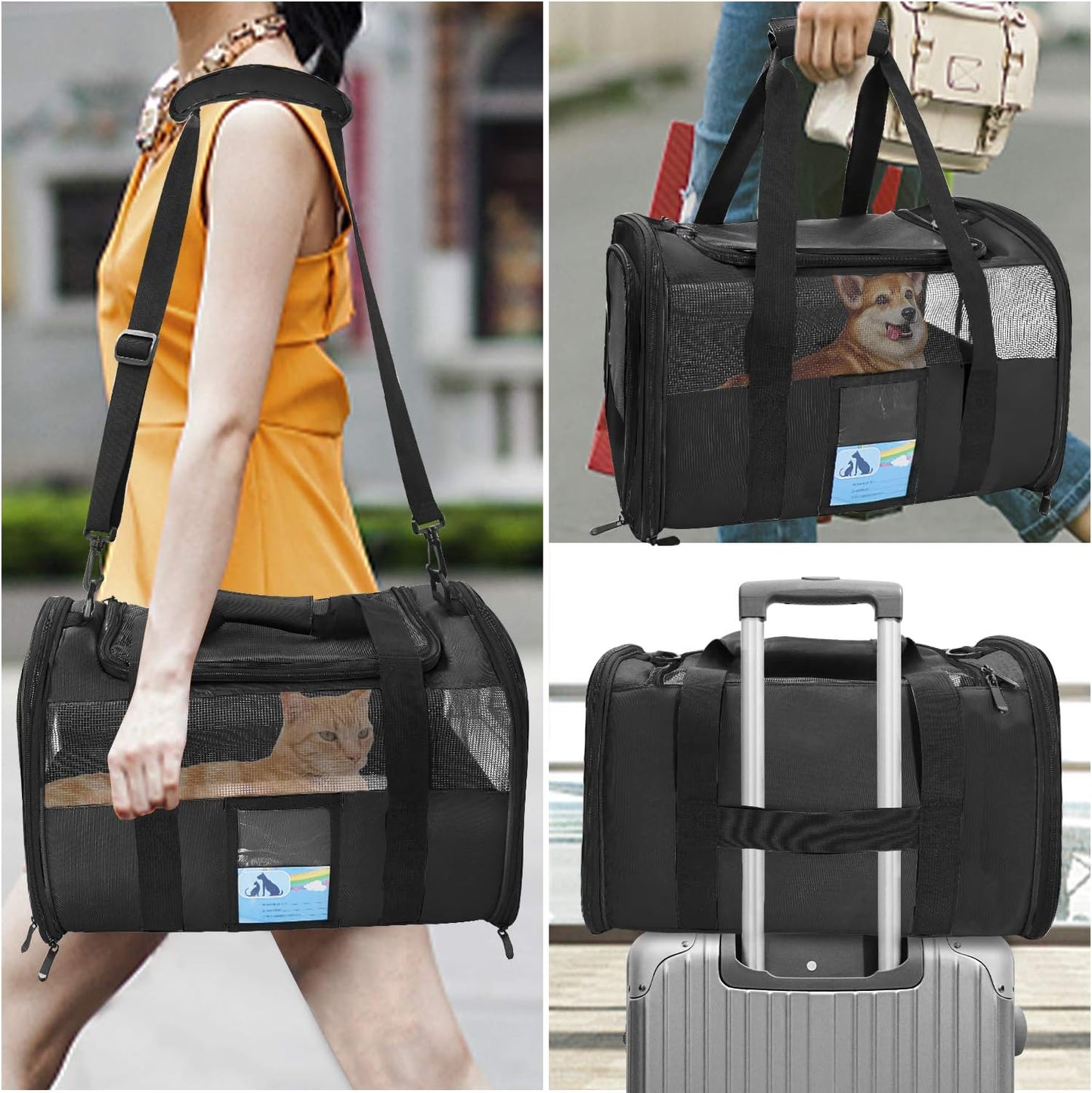 Refrze Pet Carrier Airline Approved, Cat Carriers for Medium Cats Small Cats, Soft Dog Carriers for Small Dogs, TSA Approved Pet Carrier for Cat Dog of 15 Lbs, Puppy Carrier,Black