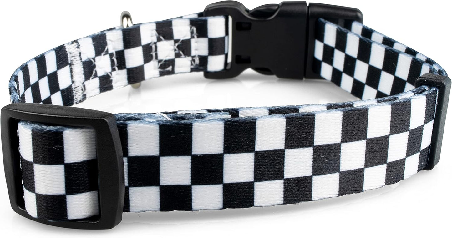Checkered Pattern Dog Collar in Black & White - Adjustable Dog Collar for Boy and Girl Dogs with Quick Release Buckle by Limeloot, Small
