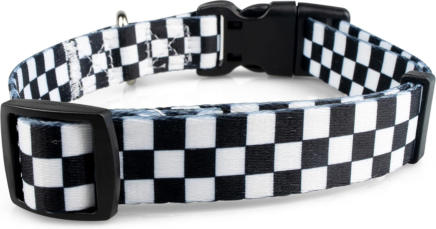 Checkered Pattern Dog Collar in Black & White - Adjustable Dog Collar for Boy and Girl Dogs with Quick Release Buckle by Limeloot, Small
