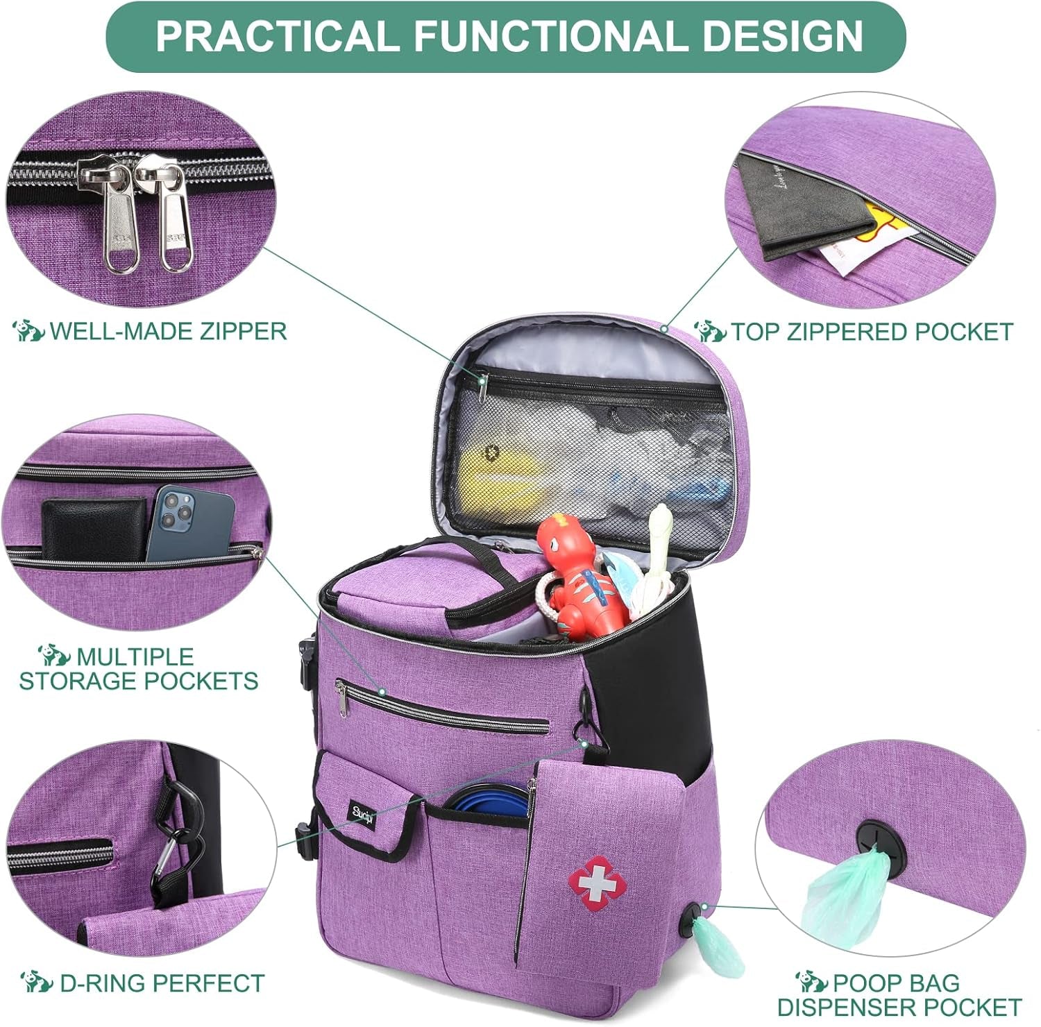 Dog Travel Bag for Supplies Sucipi 7 PC Set Dog Travel Backpack Airline Approved Tote Organizer with Pet First Aid Pouch, Large Weekend Dog Travel Bag&Travel Accessories for Traveling Hiking Camping