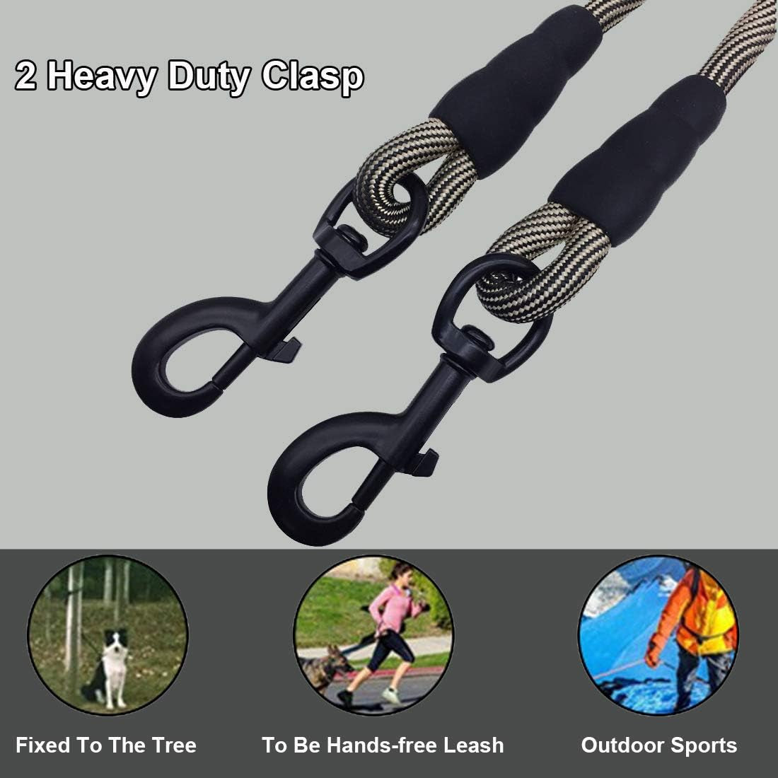 BTINESFUL Tie-Out Check Cord Long Rope Dog Tether, 12Ft 20Ft 30Ft 50Ft Oudoor Dog Lead for Yard - Large Medium Small Dogs Training, Playing, Camping, or Backyard (30Ft, Beige Black)