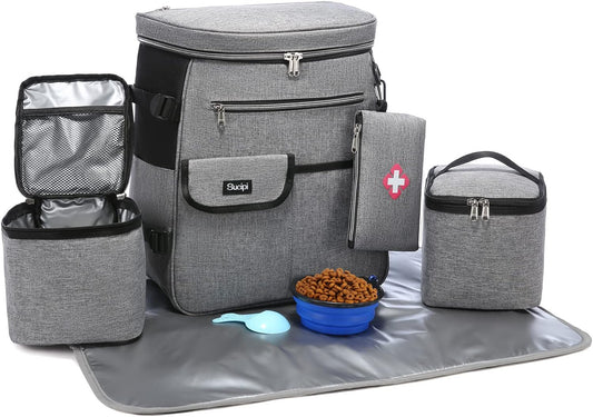 Dog Travel Bag for Supplies Sucipi 7 PC Set Dog Travel Backpack Airline Approved Tote Organizer with Pet First Aid Pouch, Large Weekend Dog Travel Bag&Travel Accessories for Traveling Hiking Camping