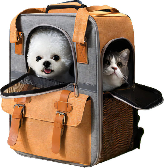 HIGH PAW Pet Carrier Backpack, Cat Small Dog Backpack Carrier for Traveling Hiking Outdoor with Ventilated Mesh Straps Premium Oxford Cloth Leather Buckle(Orange) (HP001)