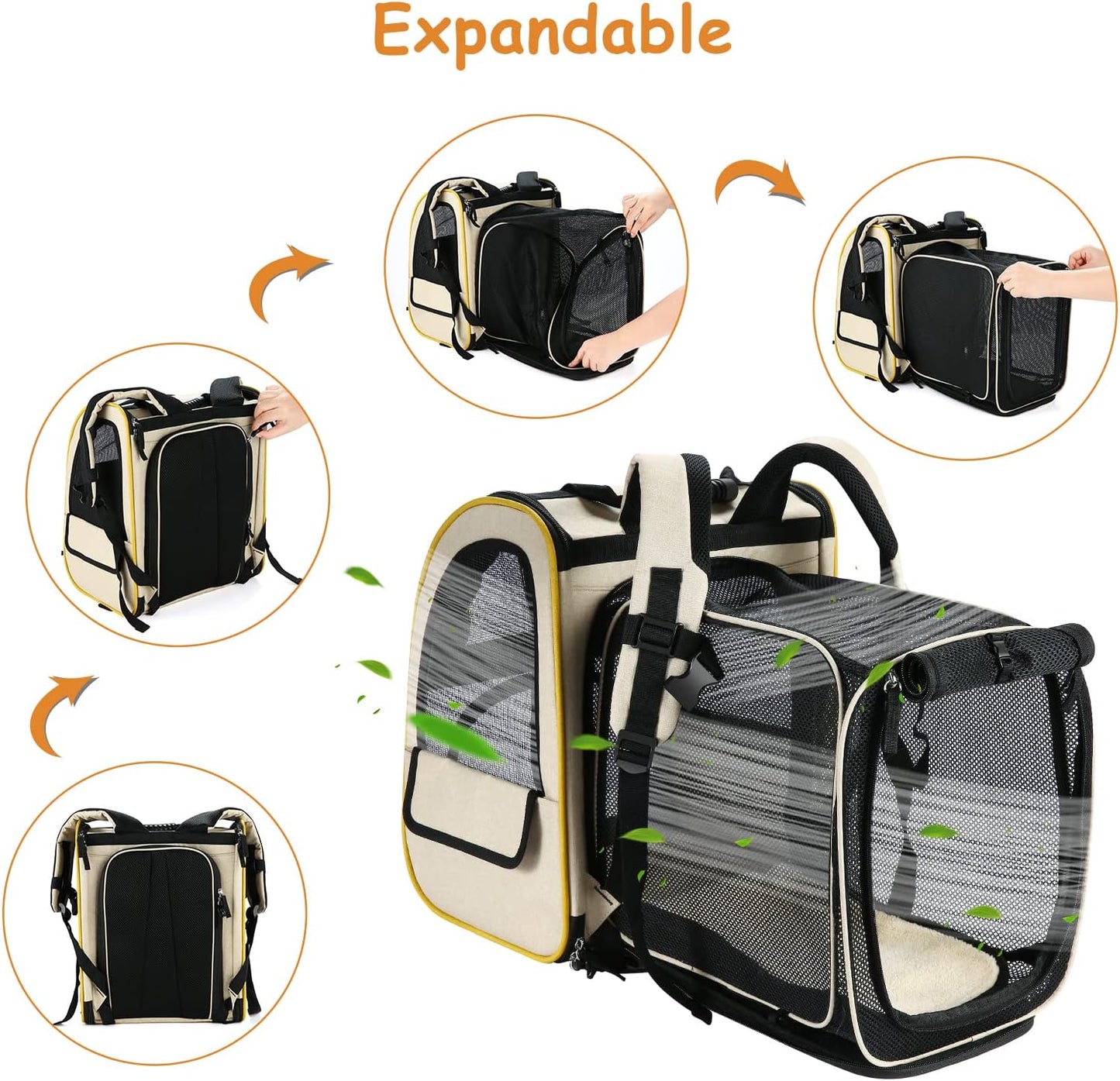 Farexon Cat Backpack Carrier, Expandable Pet Carrier Backpack for Small Cats Dogs, Dog Carrier Backpack with Breathable Mesh for Travel Hiking Camping, Hold Pets under 18 Lbs, Khaki