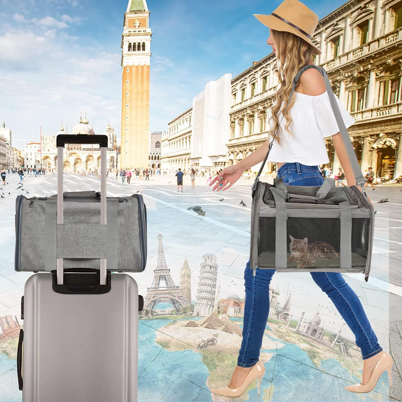 Cat, Dog, Pet Carrier for Small Medium Cats Puppies up to 15 Lbs, TSA Airline Approved Small Dog Carrier Soft Sided, Collapsible Waterproof Travel Puppy Carrier - Grey