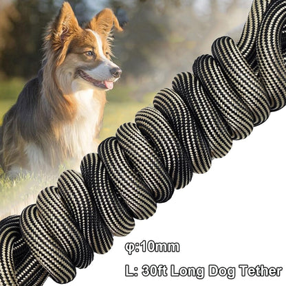 BTINESFUL Tie-Out Check Cord Long Rope Dog Tether, 12Ft 20Ft 30Ft 50Ft Oudoor Dog Lead for Yard - Large Medium Small Dogs Training, Playing, Camping, or Backyard (30Ft, Beige Black)