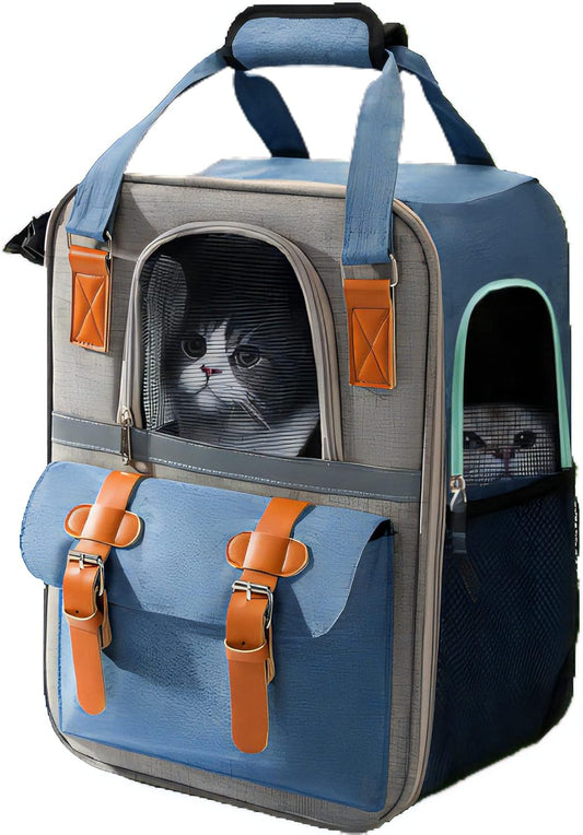 HIGH PAW Pet Carrier Backpack, Cat Small Dog Backpack Carrier for Traveling Hiking Outdoor with Ventilated Mesh Straps Premium Oxford Cloth Leather Buckle(Blue) HP001