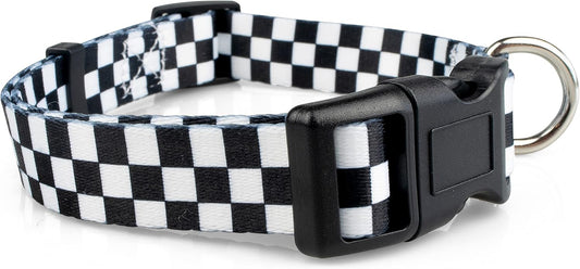 Checkered Pattern Dog Collar in Black & White - Adjustable Dog Collar for Boy and Girl Dogs with Quick Release Buckle by Limeloot, Small