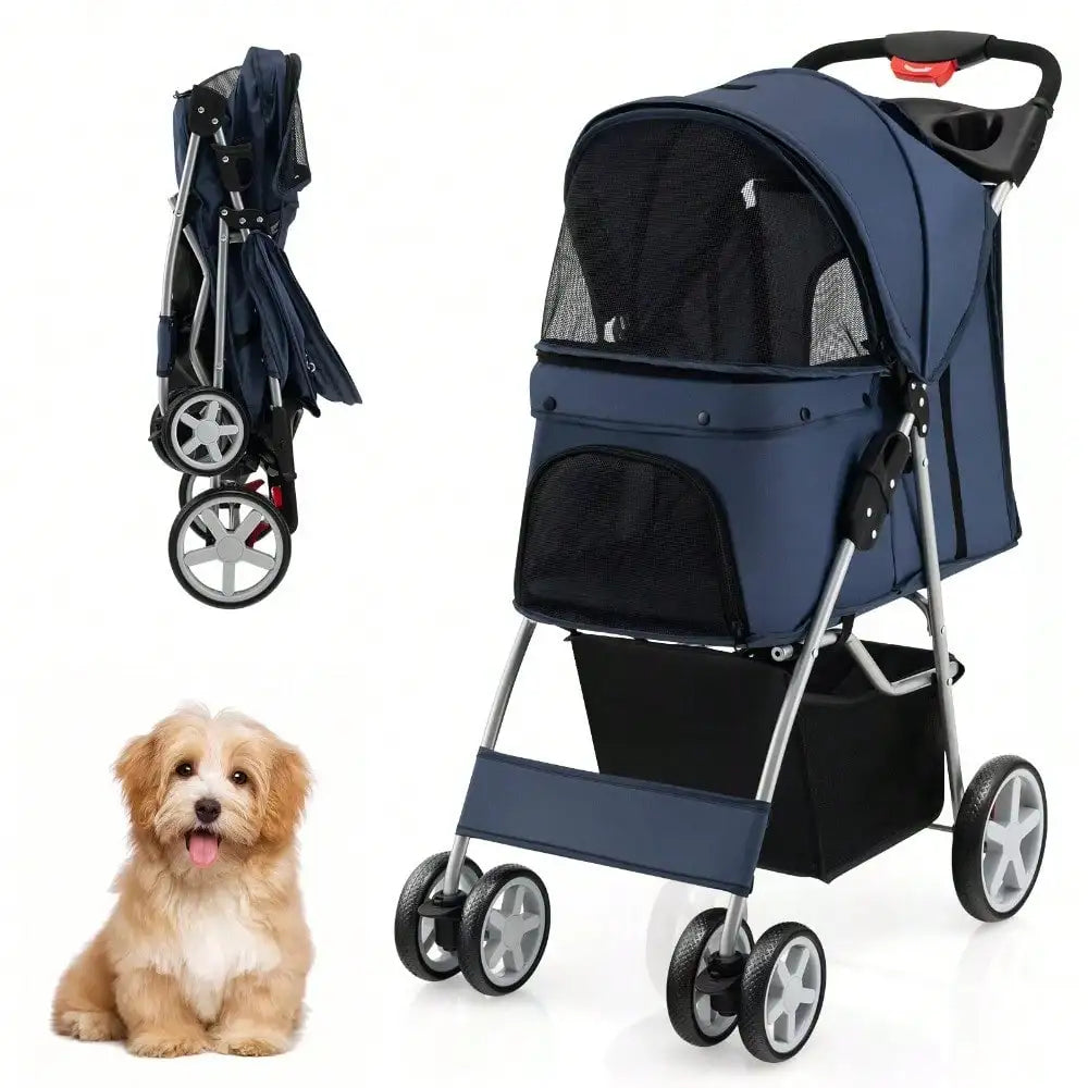 Folding Pet Stroller 4-Wheel Pet Travel Carrier W/Storage Basket Navy