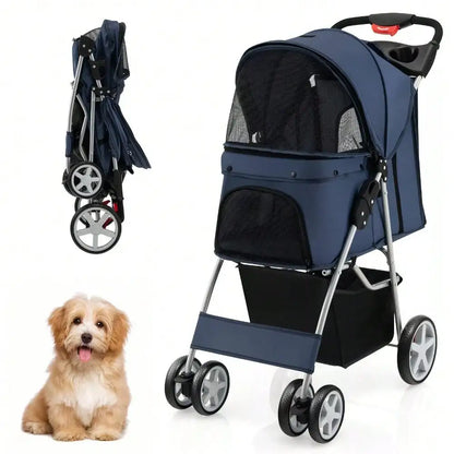 Folding Pet Stroller 4-Wheel Pet Travel Carrier W/Storage Basket Navy