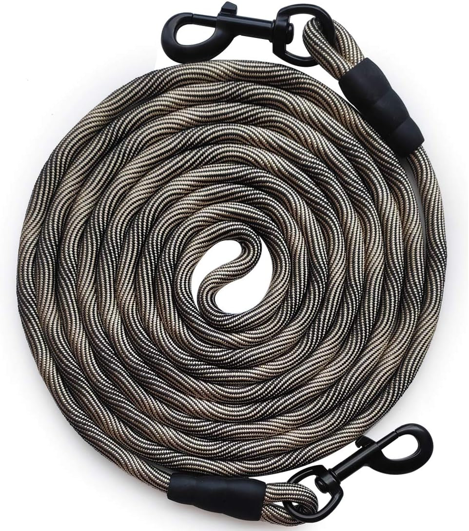 BTINESFUL Tie-Out Check Cord Long Rope Dog Tether, 12Ft 20Ft 30Ft 50Ft Oudoor Dog Lead for Yard - Large Medium Small Dogs Training, Playing, Camping, or Backyard (30Ft, Beige Black)