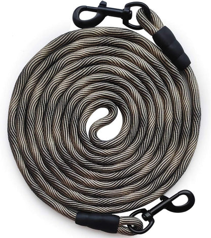 BTINESFUL Tie-Out Check Cord Long Rope Dog Tether, 12Ft 20Ft 30Ft 50Ft Oudoor Dog Lead for Yard - Large Medium Small Dogs Training, Playing, Camping, or Backyard (30Ft, Beige Black)