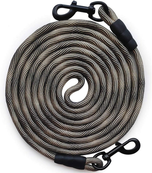 BTINESFUL Tie-Out Check Cord Long Rope Dog Tether, 12Ft 20Ft 30Ft 50Ft Oudoor Dog Lead for Yard - Large Medium Small Dogs Training, Playing, Camping, or Backyard (30Ft, Beige Black)