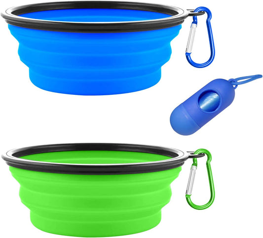 AGECASH a Collapsible Dog Bowls, Portable Travel Dog Bowls, Expandable for Cat Dog Water Bowls Food Feeding, 2 Pack Silicone Pet Bowls with Waste Bag Dispenser
