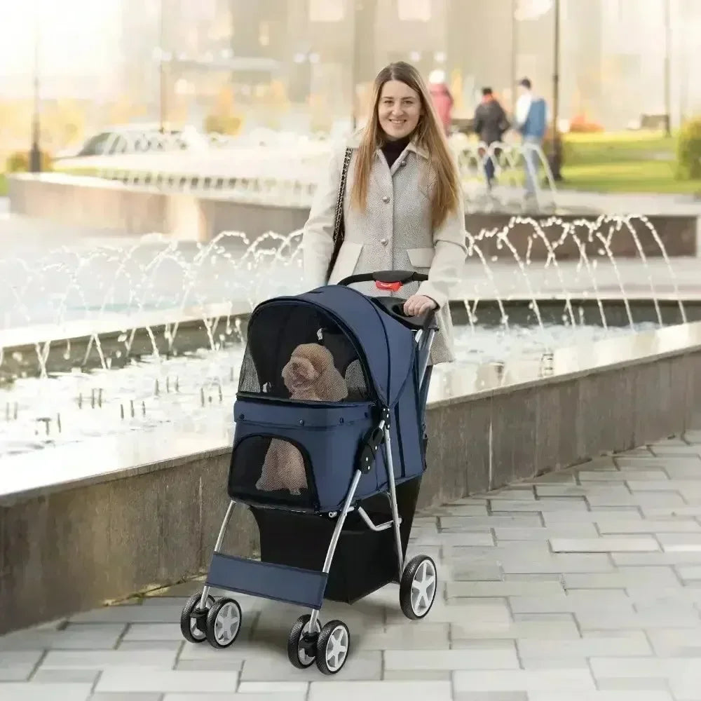 Folding Pet Stroller 4-Wheel Pet Travel Carrier W/Storage Basket Navy