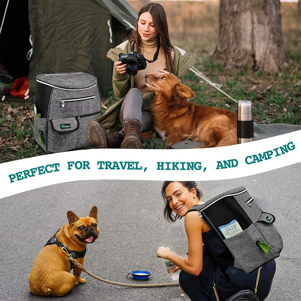 Petami Dog Travel Bag Backpack, Airline Approved Dog Bags for Traveling, Puppy Diaper Bag Supplies, Pet Camping Essentials Hiking Accessories Dog Mom Gift, Food Container, Collapsible Bowls, Gray