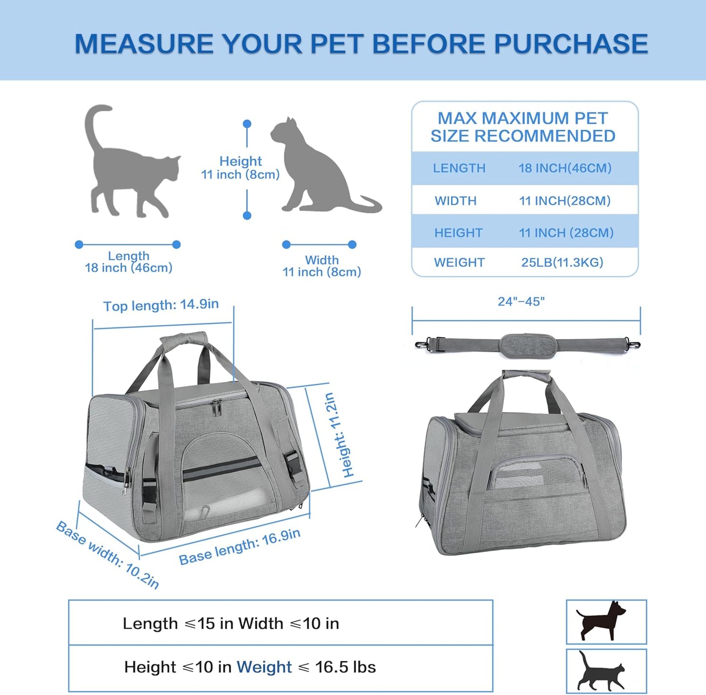 Fluffydream Pet Travel Carrier Soft Sided Portable Bag for Cats, Small Dogs, Kittens or Puppies, Collapsible, Durable, Airline Approved, Travel Friendly (Grey, 17.0" L X 10.0" W X 11.0" H) (Grey)