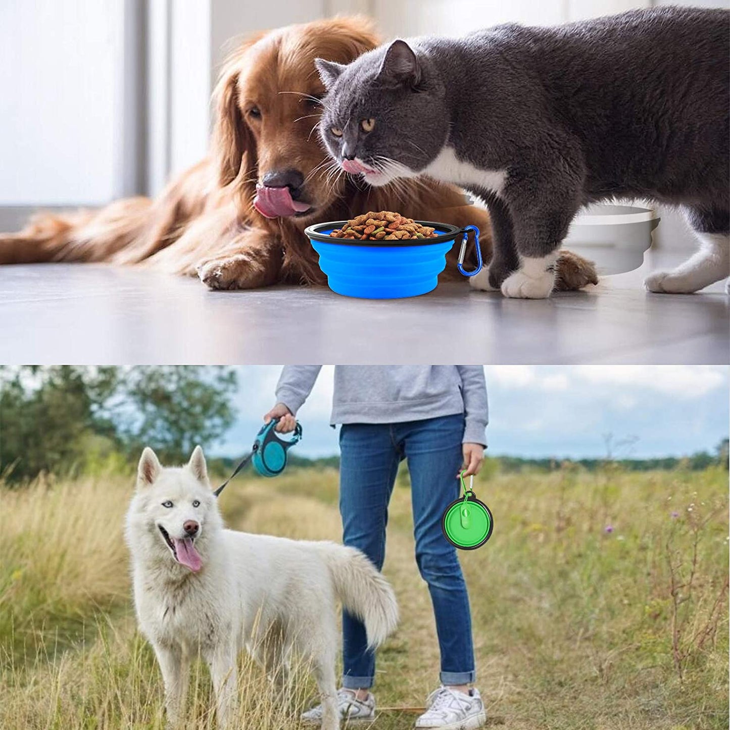AGECASH a Collapsible Dog Bowls, Portable Travel Dog Bowls, Expandable for Cat Dog Water Bowls Food Feeding, 2 Pack Silicone Pet Bowls with Waste Bag Dispenser