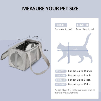 Cat, Dog, Pet Carrier for Small Medium Cats Puppies up to 15 Lbs, TSA Airline Approved Small Dog Carrier Soft Sided, Collapsible Waterproof Travel Puppy Carrier - Grey