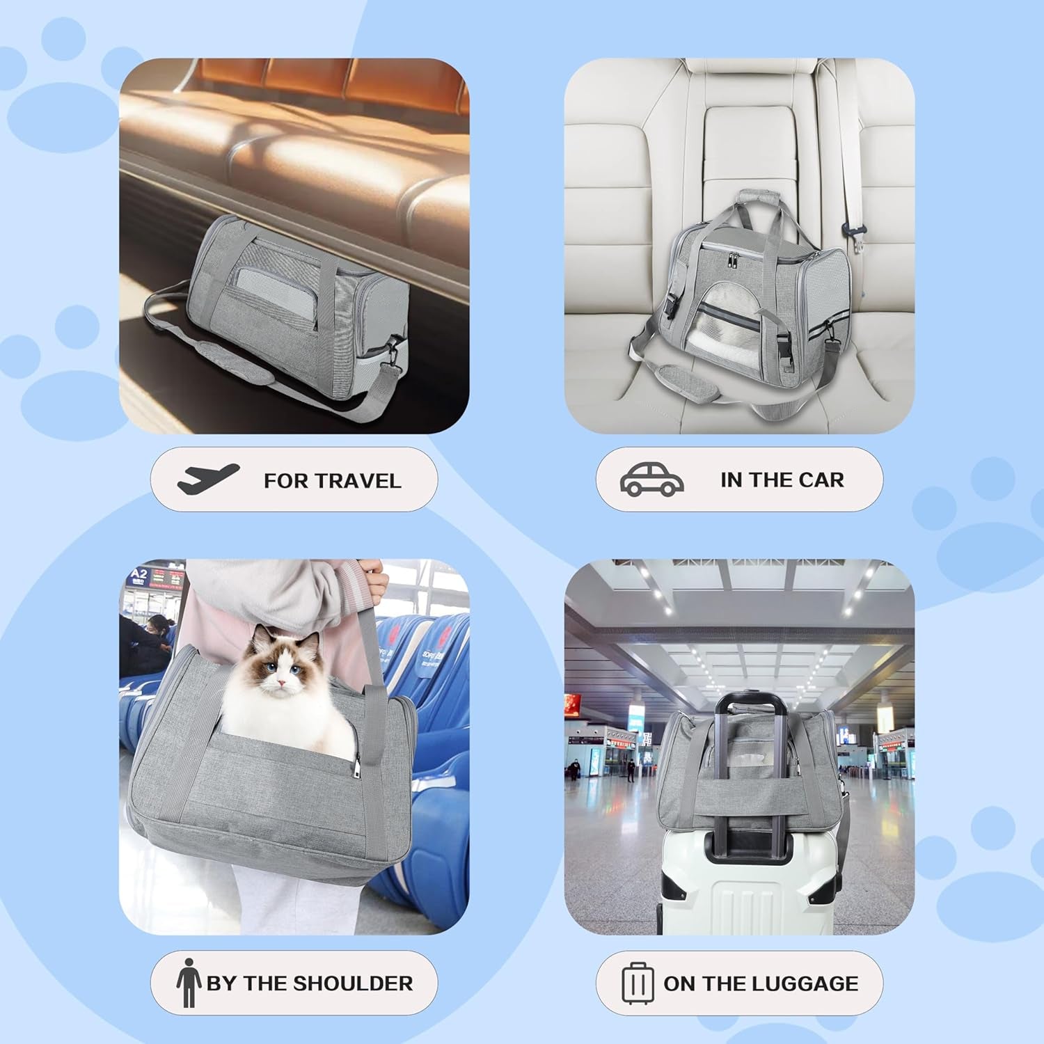 Fluffydream Pet Travel Carrier Soft Sided Portable Bag for Cats, Small Dogs, Kittens or Puppies, Collapsible, Durable, Airline Approved, Travel Friendly (Grey, 17.0" L X 10.0" W X 11.0" H) (Grey)