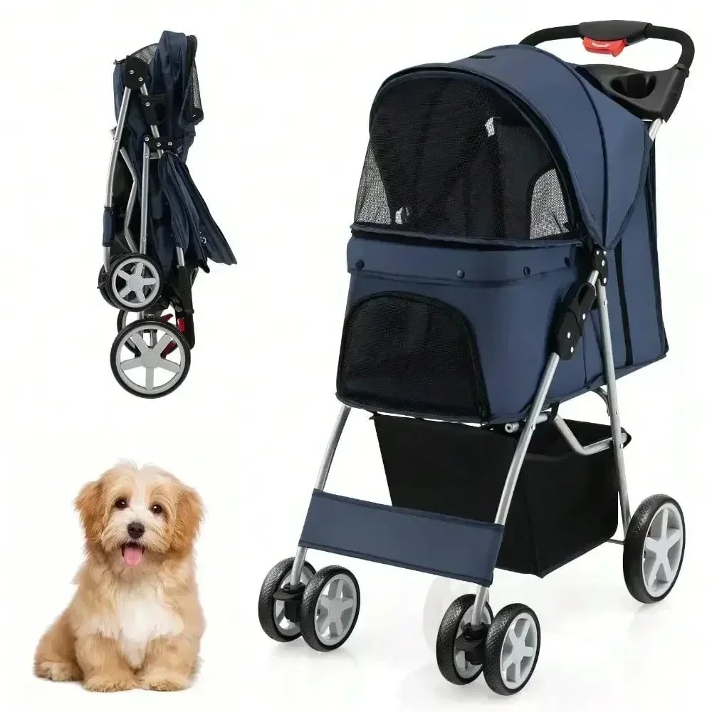 Folding Pet Stroller 4-Wheel Pet Travel Carrier W/Storage Basket Navy