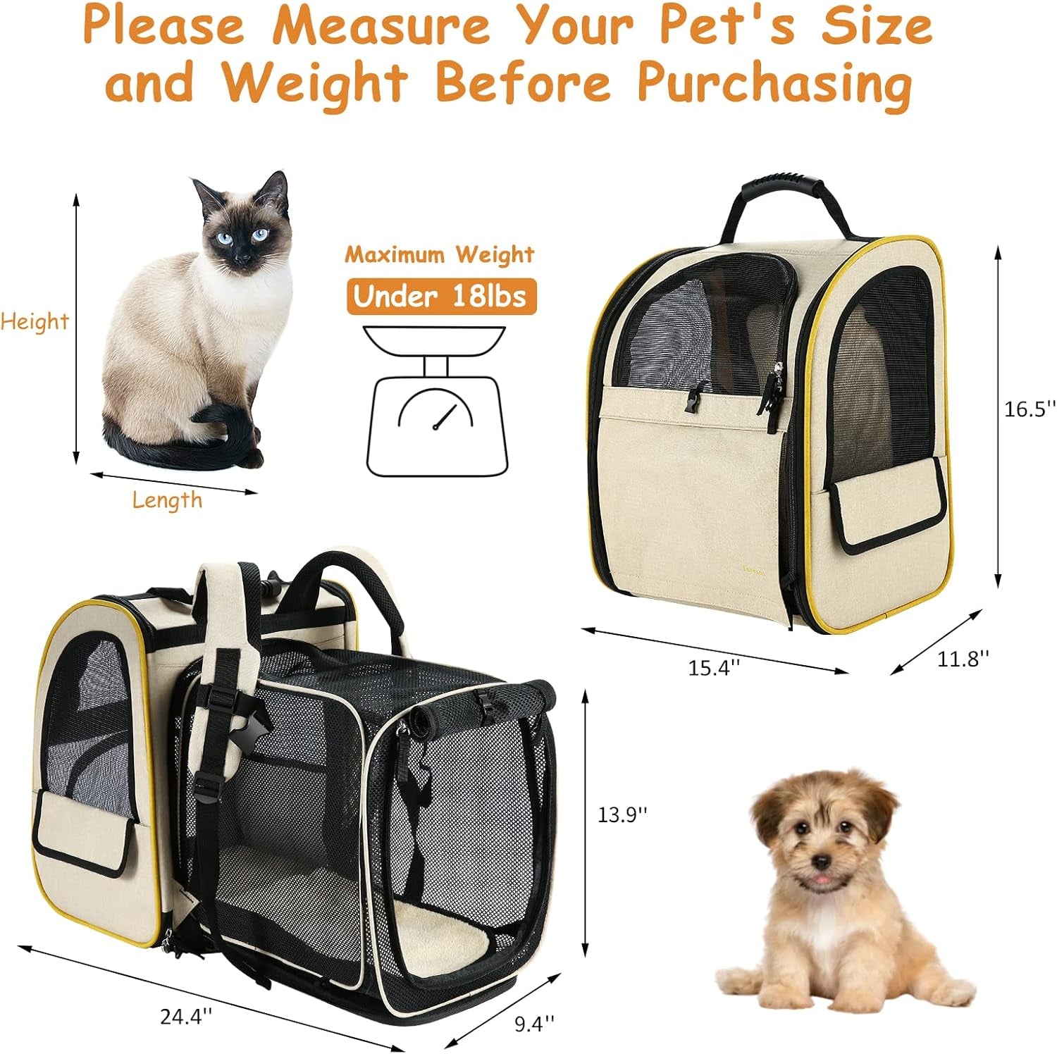 Farexon Cat Backpack Carrier, Expandable Pet Carrier Backpack for Small Cats Dogs, Dog Carrier Backpack with Breathable Mesh for Travel Hiking Camping, Hold Pets under 18 Lbs, Khaki